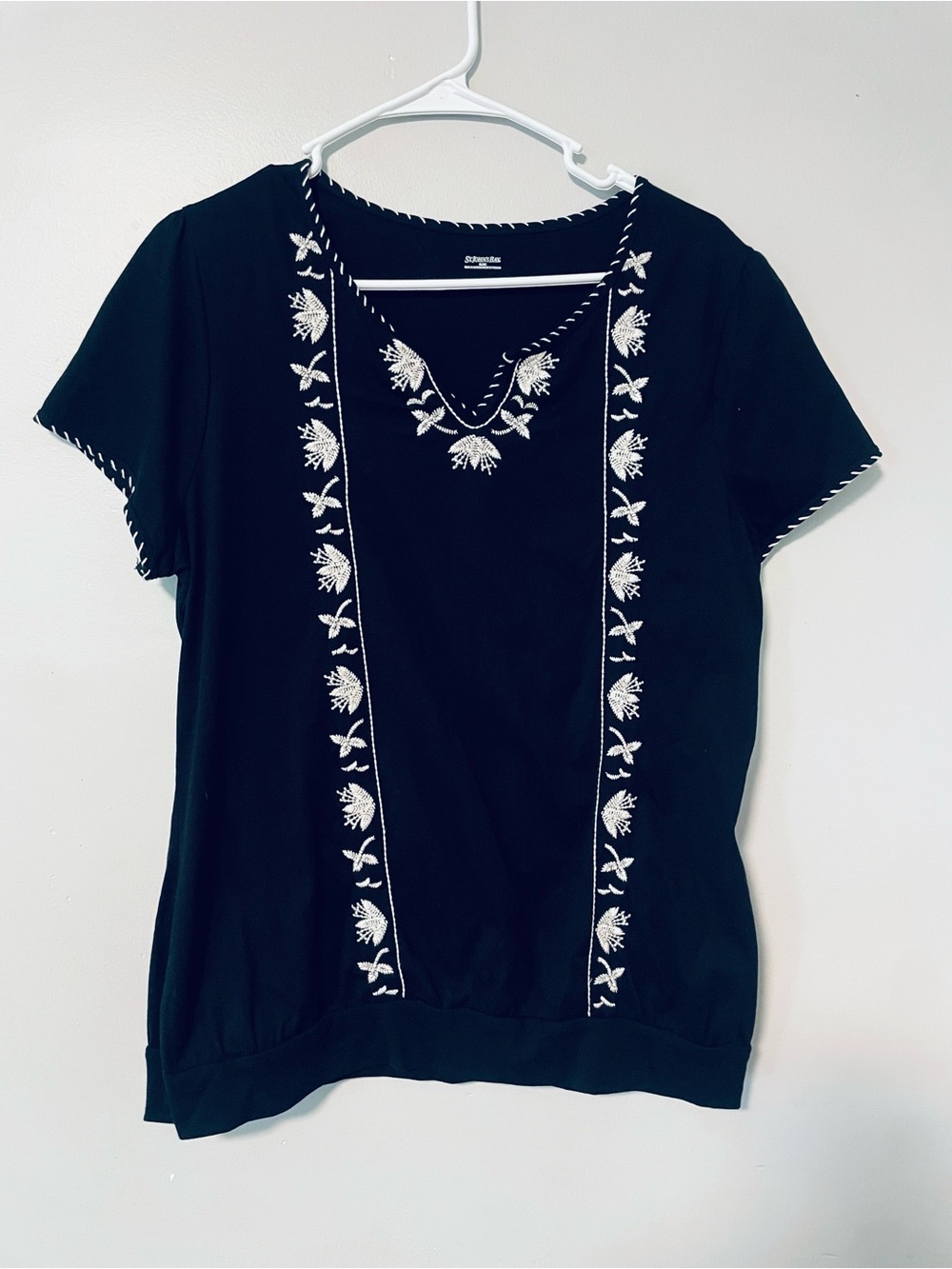 St. John's Bay Black Short-Sleeve V-Neck Top with White Embroidery